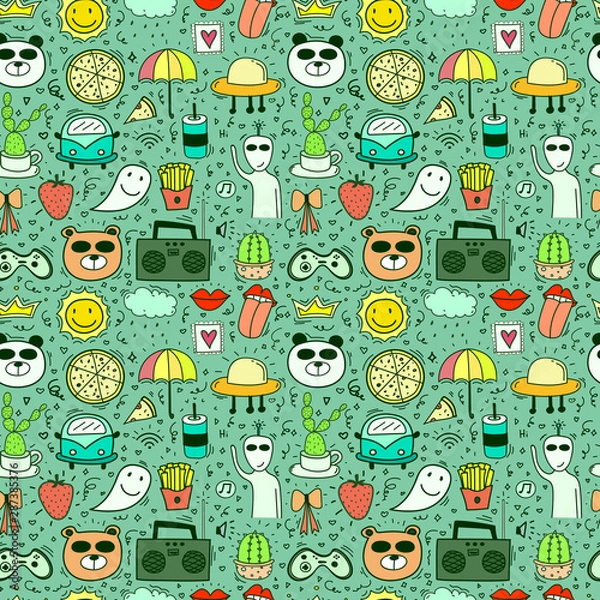 Fototapeta Doodle Cartoon Seamless Pattern Background For Kid. Vector illustration for fabric and gift wrap paper design.