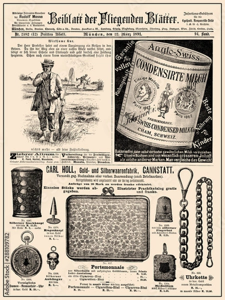 Fototapeta Commercial magazine advertising page in German with many promotion banners,vignettes and caricatures; dated 1891