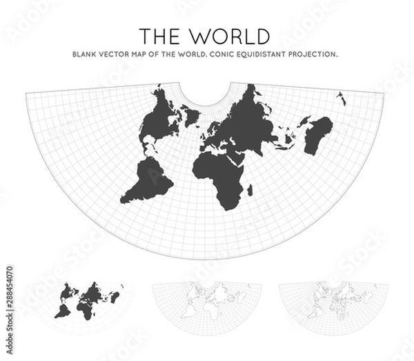 Fototapeta Map of The World. Conic equidistant projection. Globe with latitude and longitude lines. World map on meridians and parallels background. Vector illustration.