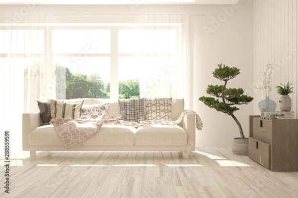 Fototapeta Stylish room in white color with sofa. Scandinavian interior design. 3D illustration