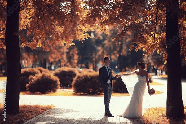 Fototapeta Newlyweds groom and bride walking in autumn park