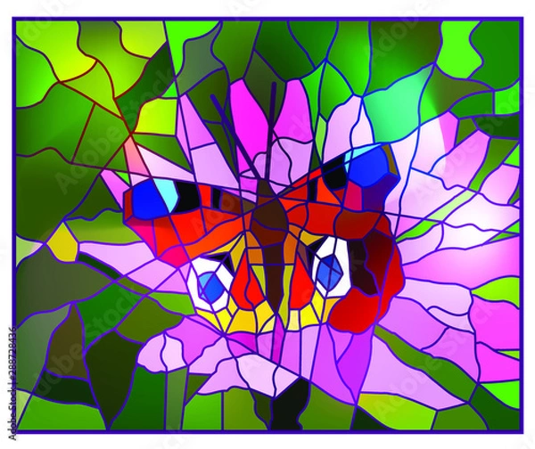 Obraz Illustration in stained glass style with a bright butterfly on a background of flower and greenery