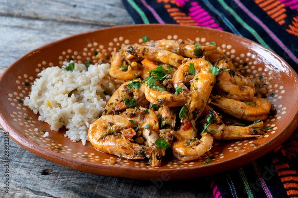 Obraz Garlic shrimp also called "al ajillo" with rice