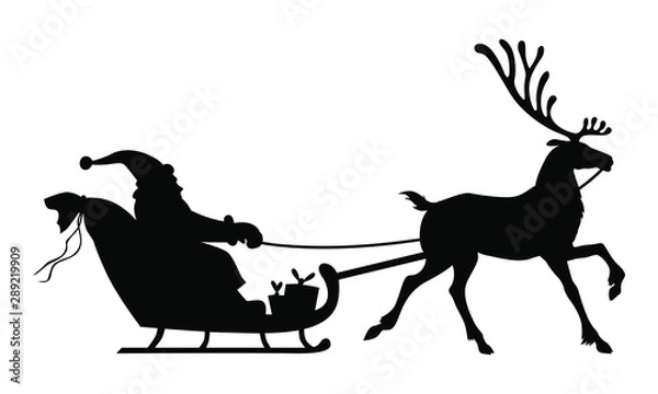 Fototapeta Vector illustrations of silhouette of Santa Claus riding on reindeer sleigh