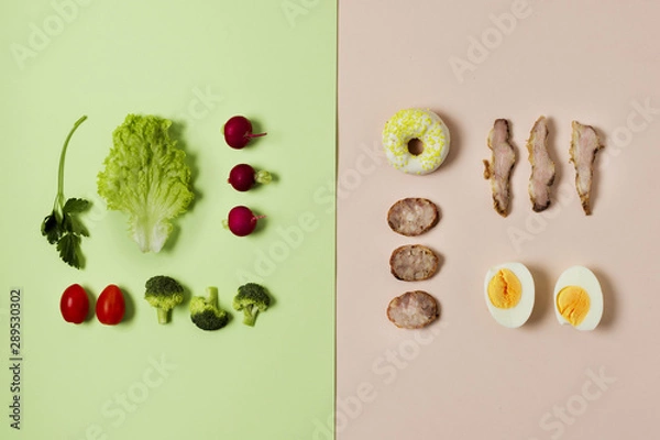 Fototapeta Top view vegetable and meat arrangement