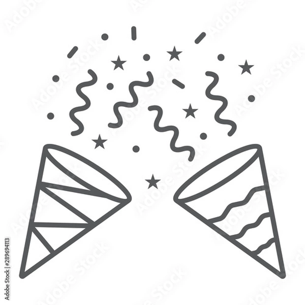 Fototapeta Confetti popper thin line icon, party and decor, party hat sign, vector graphics, a linear pattern on a white background.