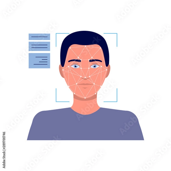 Fototapeta Cartoon man's face in facial recognition technology device