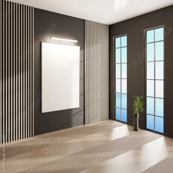 Fototapeta Blank white frame on the wall for photos and advertising. Vertical windows and parquet flooring. 3D rendering. 3D illustration.