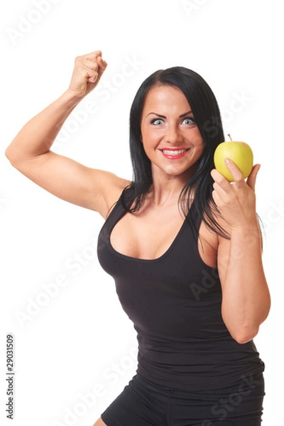 Fototapeta Fitness girl with green apple isolated on white