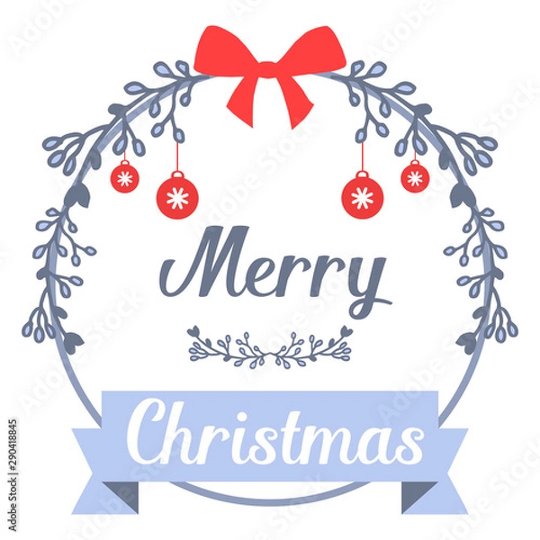 Fototapeta Handwritten banner merry christmas, with cute blue leafy flower frame. Vector