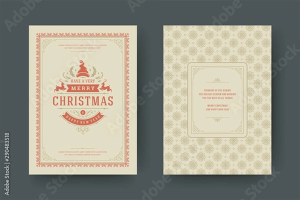 Fototapeta Christmas greeting card vintage typographic design, ornate decorations with symbols, winter holidays wish