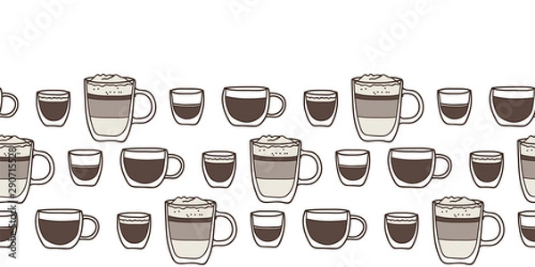 Fototapeta Vector different coffee cups made into repeat border. Great for restaurants, invitations, menu, posters.