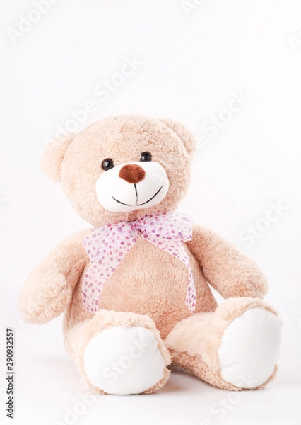 Fototapeta Lovely brown cloth bear sitting down on white background. Lovely, adorable toy with spot neck bow tie