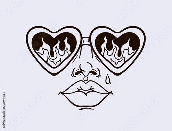 Fototapeta girl's face in sunglasses with reflection of fire, t-shirt print, tattoo