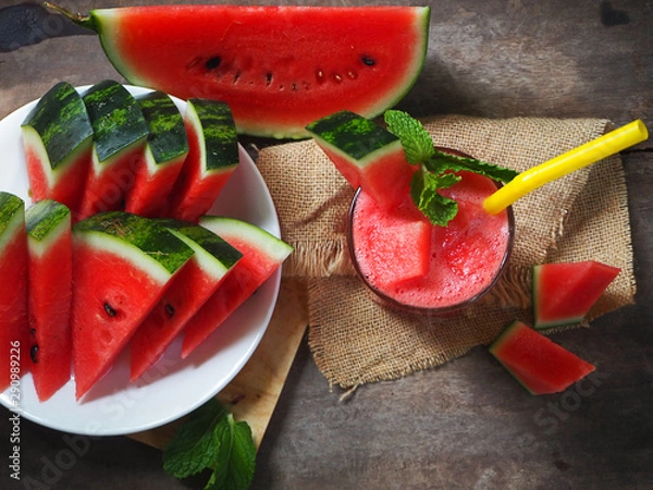 Fototapeta Top view Watermelon Juice, Healthy watermelon smoothie and mint Mint leaf on a wooden background