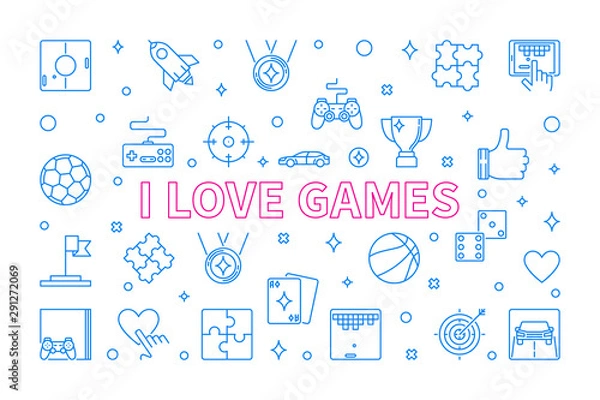 Fototapeta I Love Games vector concept outline horizontal illustration or banner