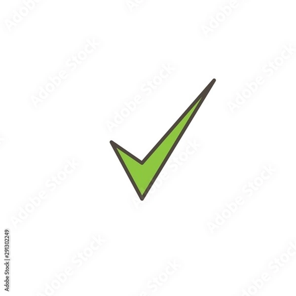 Fototapeta Check Mark. Valid Seal icon. Green sharp tick with outline. Flat OK sticker icon. Isolated on white.