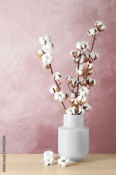 Fototapeta Beautiful cotton flowers in vase on wooden table against pink background