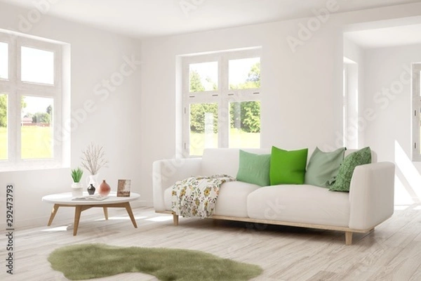 Fototapeta Stylish room in white color with sofa and summer landscape in window. Scandinavian interior design. 3D illustration