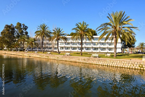 Fototapeta Palm trees growing along a canal in the city of Alcudia on Mallorca, Spain