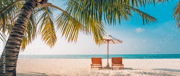 Fototapeta Beautiful Maldives island beach landscape. Luxury resort with chairs and umbrella for summer vacation and holiday background. Exotic tropical beach concept