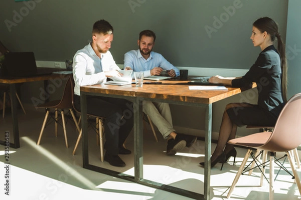 Fototapeta A team of young businessmen working and communicating together in an office. Corporate businessteam and manager in a meeting.