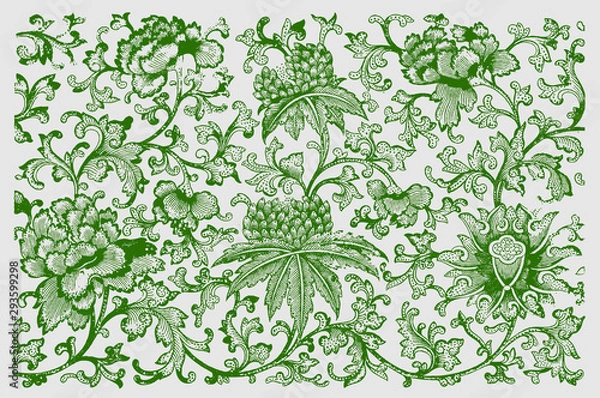 Fototapeta Historical chinese ornamental floral pattern. Dark green colored illustration after a 19th century etching