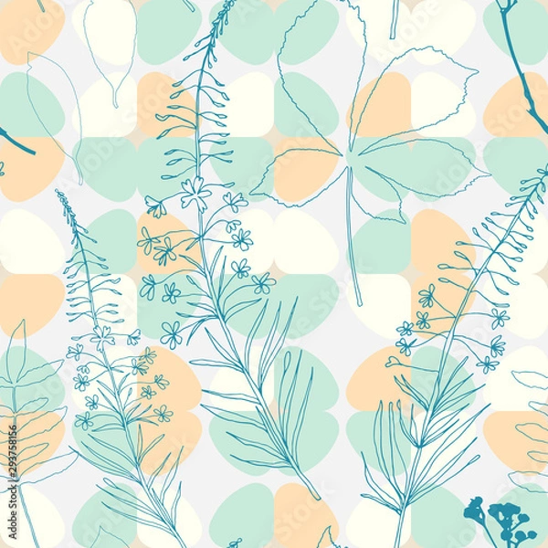 Fototapeta Wildflowers, herbs and leaves vector seamless pattern. Hand drawn florals on abstract background with geometric shapes.