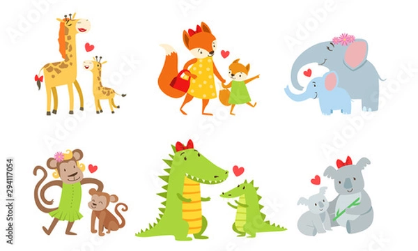 Fototapeta Cute animals couple mom and baby. Vector illustration.