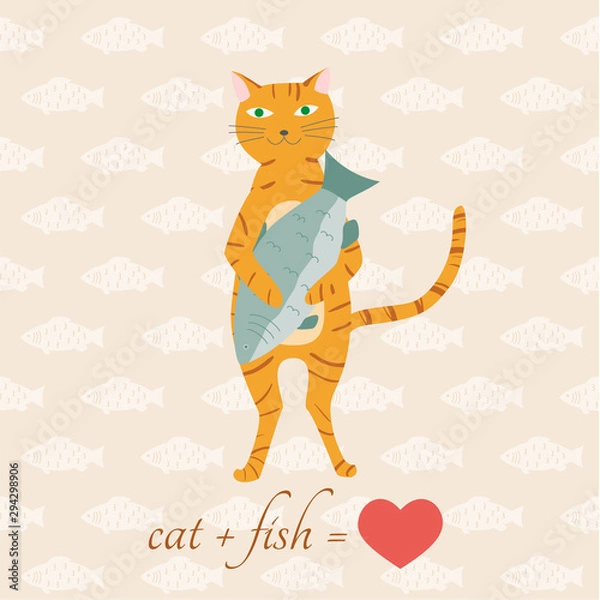 Fototapeta Adorable cat character holding big fish background. Vector eps10.