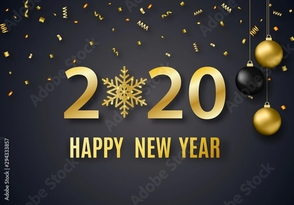 Fototapeta 2020 New Year background for holiday greeting card, invitation, party flyer, poster, banner. Gold and black ball, snowflake, confetti on black background.