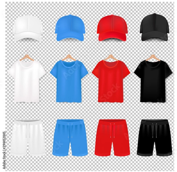 Fototapeta Front Views Of T-shirt And Baseball Cap And Short On transparent Background.