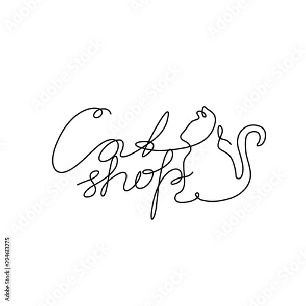 Fototapeta Cat shop lettering and cat silhouette emblem or logo design, continuous line drawing, hand drawn lettering, modern calligraphy, one single line on a white background, isolated vector illustration