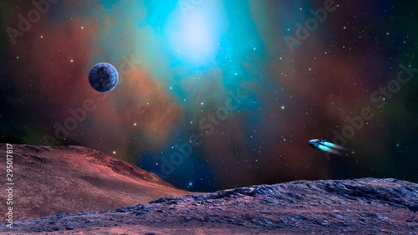 Fototapeta Space scene. Colorful nebula with planet, land and spaceship. Elements furnished by NASA. 3D rendering