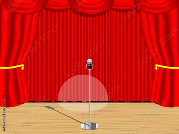 Fototapeta illustration of red curtain and microphone on a stage