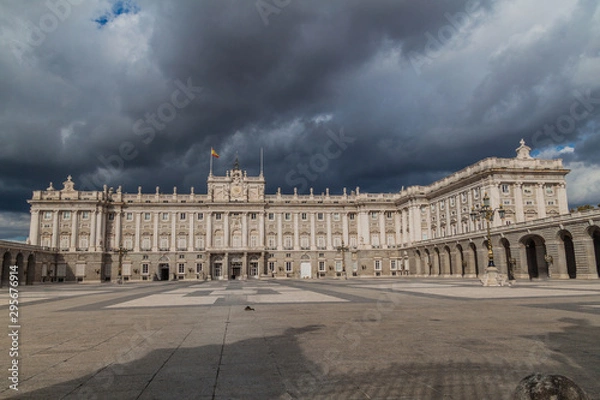 Fototapeta Cloudy sky behind Palacio Real (Royal Palace) in Madrid, Spain