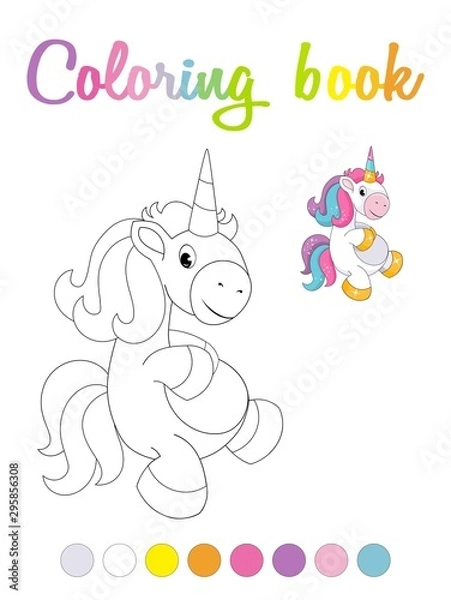 Fototapeta Cute cartoon smiling unicorn coloring book page