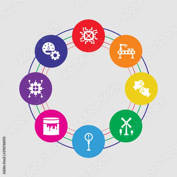 Fototapeta 8 colorful round icons set included control panel, cpu, barrel, danger, windmill, gloves, conveyor, cpu