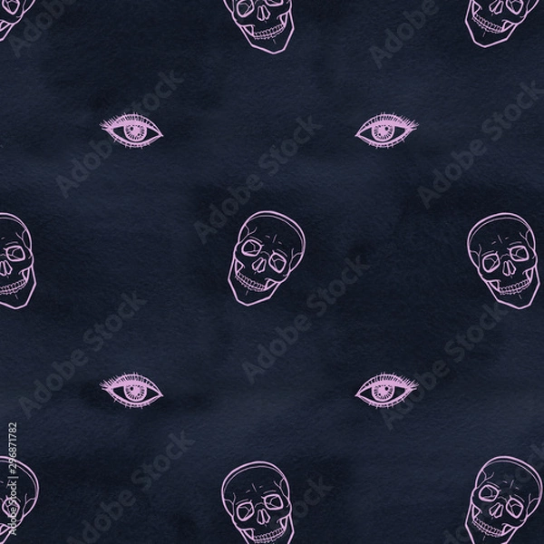 Fototapeta Skull with eyes. Cute Halloween background. Seamless pattern background.