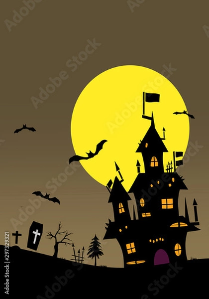 Fototapeta Halloween background material. Castle, bats and grave. ハロウィンの背景素材. 城、コウモリ、墓。