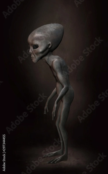 Fototapeta Grey alien on the dark background. View profile. 3 d illustration. Digital art.