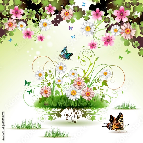 Fototapeta Flowers in the grass and butterflies