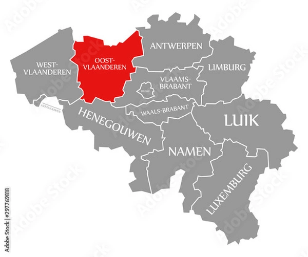 Fototapeta East Flanders red highlighted in map of Belgium