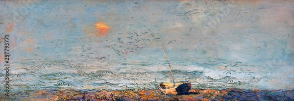 Fototapeta Fishing boat on the shore, artwork oil on canvas