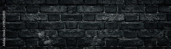 Obraz Black rough brick wall close-up wide texture. Old dark masonry panorama. Gloomy grunge widescreen background