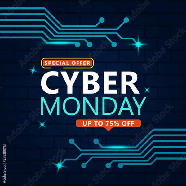 Fototapeta Cyber monday sale with circuit board background. Promotional online sale event.