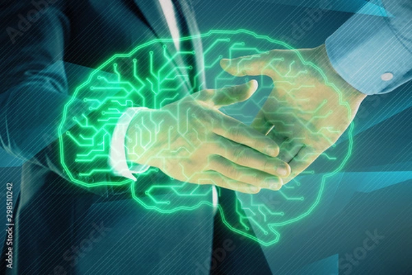 Fototapeta Multi exposure of human brain drawing on abstract background with two men handshake. Concept of data technology in business