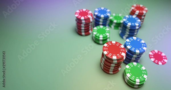 Fototapeta Casino chips over green cloth. Closeup shot. 3D render