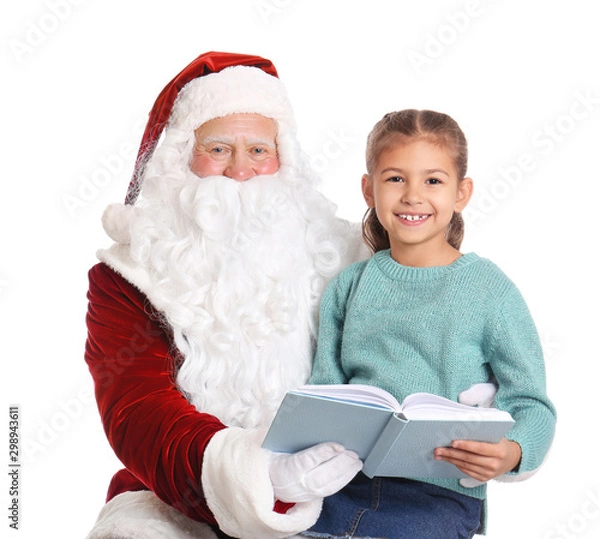 Fototapeta Authentic Santa Claus and little girl with book on white background