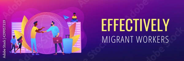 Fototapeta Human resources agency for migrants. Help hub. Expat work, effective migrant workers, expatriate programme, outside country employment concept. Header or footer banner template with copy space.